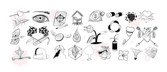 Simple sketch line style elements. Doodle cute ink pen line elements isolated on white background. Doodle arrow, heart, star, decoration symbol, icon set. Vector illustration.