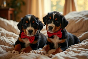 Adorable bernese puppies with red bows resting on a cozy bed