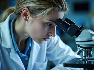 Young Woman Using Compound Light Microscope in Laboratory
