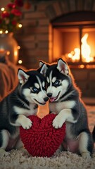 Adorable husky puppies holding heart-shaped cushion by cozy fireplace