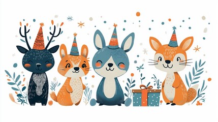 Naklejka premium Celebratory animals in party hats with gift box for festive occasions and holiday designs