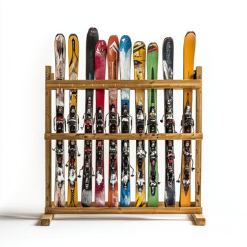 Closeup view of skis on rack isolated over white