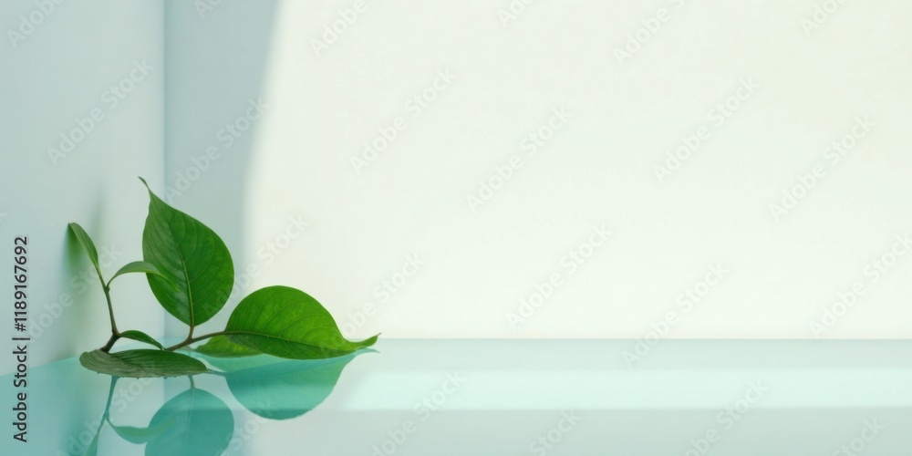 Poster serene sprig of green leaves reflecting on a smooth, pale surface in a minimalist setting