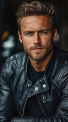 Obraz premium Confident biker in leather jacket portrait capturing style and attitude