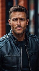 Obraz premium Confident biker portrait in leather jacket highlighting sporty style and individuality