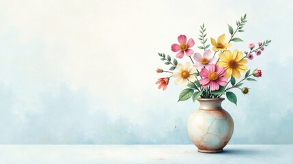 A Delicate Bouquet of Spring Flowers in a Distressed Vase on a Pale Blue Background