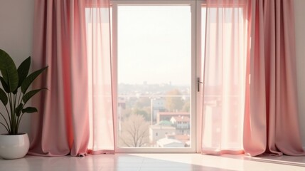 Fototapeta premium Serene Room Interior with Pale Pink Curtains and Sunlight