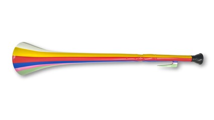 Top view of a multicolored plastic trombone, isolated on white background. The playful design and bright hues make it ideal for parties, costumes, or festive decorations.