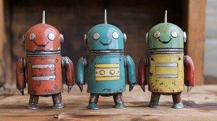 Vintage toy robots on a wooden table in a rustic setting with a charming atmosphere