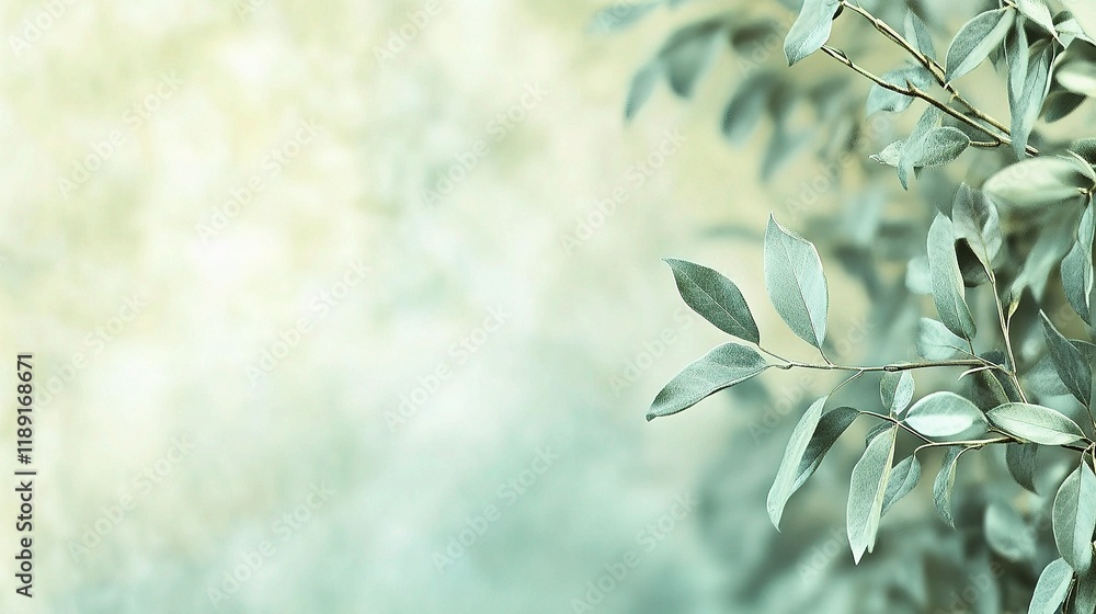 Poster fresh green leaves in spring with soft bokeh effect background