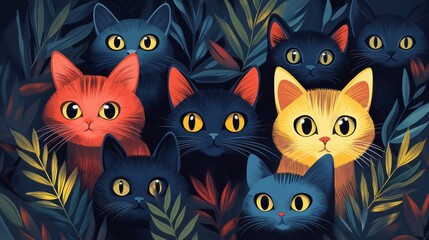 Naklejka premium Contemporary feline pattern design featuring vibrant cats amongst lush foliage for creative home decor and art prints