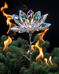crystal spruce tree flower on fire background, created by generative ai