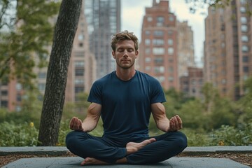 Obraz premium Athletic man meditating peacefully in an urban environment after a rigorous workout, embodying inner balance and fitness lifestyle surrounded by cityscape.