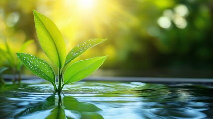 Young Green Plant Growing in Water with Sunlight Reflections, Symbolizing Nature, Renewal, and Environmental Harmony in a Peaceful Setting, Generative AI