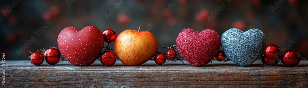 Poster assorted fruits including apples bananas and oranges on a rustic wooden table surface valentine day