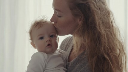 a woman kisses a baby on the forehead