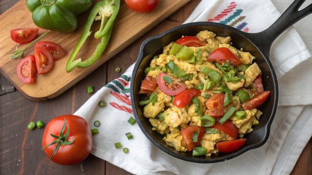 Delightful overhead view of ackee and saltfish served in a cast iron pan with fresh vegetables and colors bursting