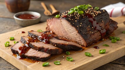 Juicy barbecue brisket served on a cutting board with a tangy sauce and fresh green onions