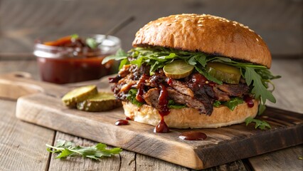 Savory bbq brisket sandwich piled high with fresh greens and pickles, served on a sesame bun alongside sides of pickles and sauce