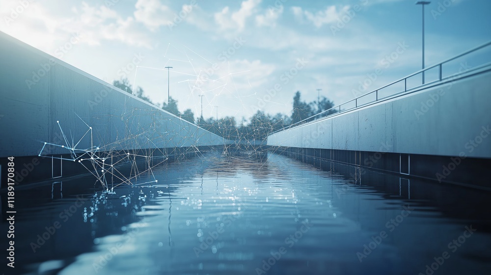 Aufkleber digital waterway with networked systems, showcasing smart city infrastructure, environmental innovat