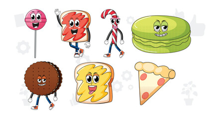 Set of facial expression with vintage style food cartoon on white background illustration. 