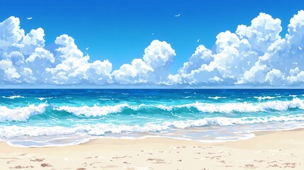 Fototapeta premium Calm ocean waves meeting a sandy shore under a bright blue sky with fluffy clouds