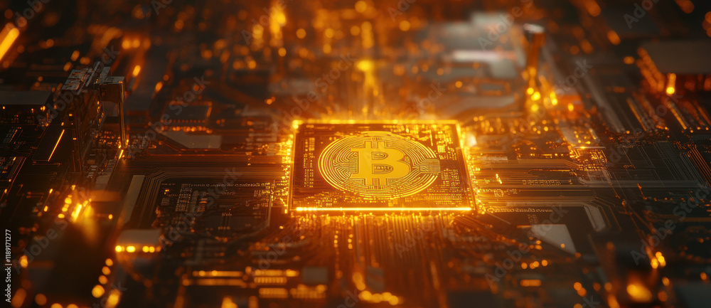 Aufkleber this detailed view highlights an electronic circuit board featuring a bitcoin chip surrounded by int