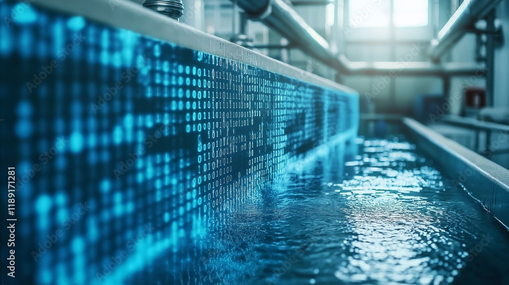 Poster advanced digital water management system in a high-tech industrial setting, representing innovation,
