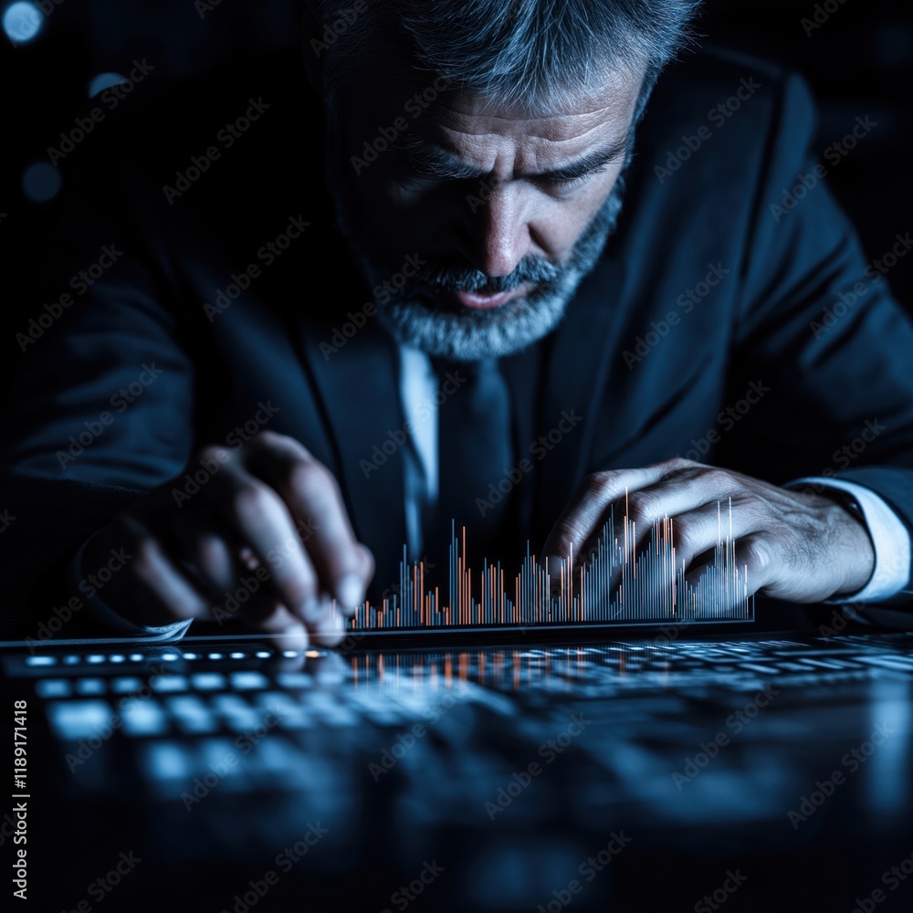 Poster businessman examines financial charts on futuristic interface. analyzes investment data on digital d