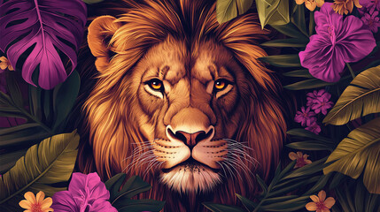 Exotic lion wild cat animal surrounded by tropical plant flower leaves. summer nature wildlife floral illustration, vintage paradise safari wallpaper, hawaii poster print, purple sky.