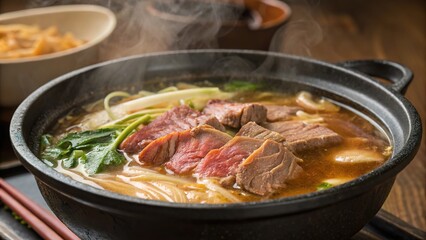 Sizzling sukiyaki hot pot with tender beef slices and fresh vegetables being enjoyed at a cozy dining setting