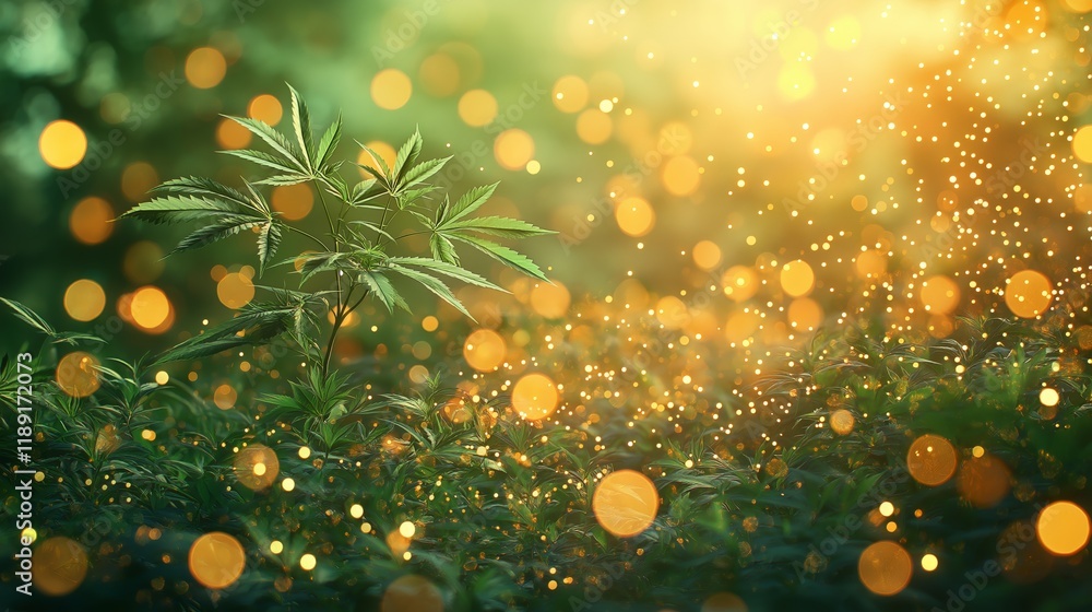 Poster fantasy-inspired cannabis leaves with vibrant glowing colors, creating a surreal and artistic repres