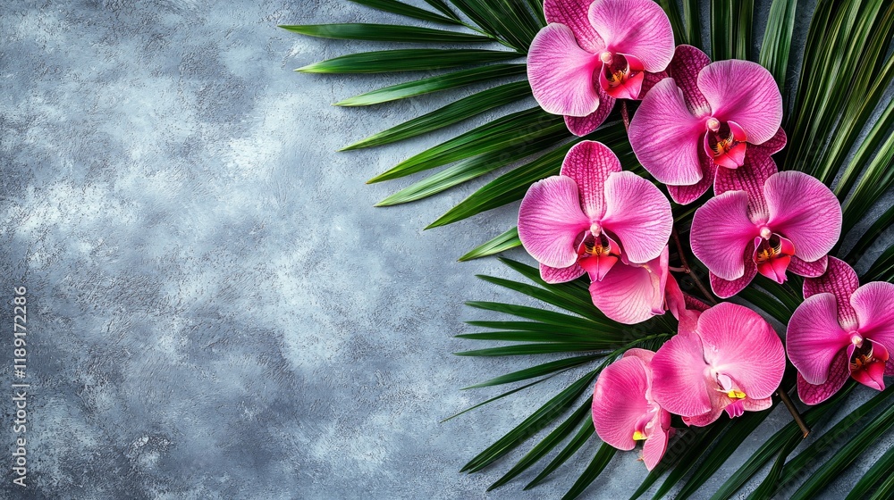 Poster orchids and greenery create a vibrant floral arrangement on a textured background