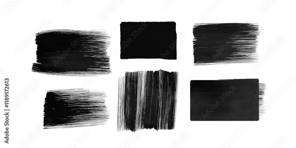 Poster abstract artistic monochrome design elements in black paint strokes arranged in various square, rect