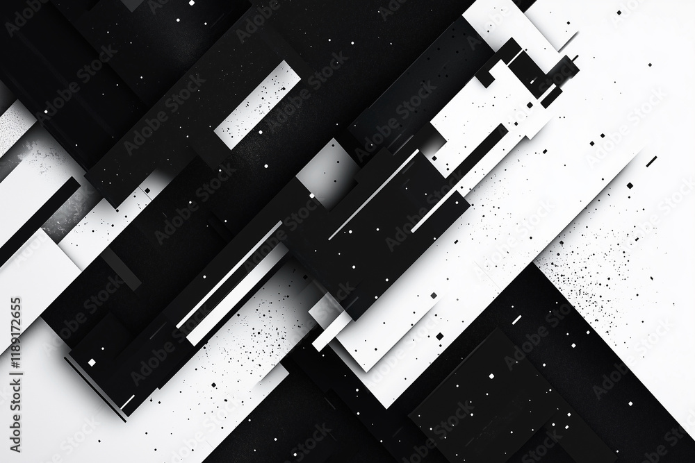 Poster black and white image with white squares and black squares. the squares are all different sizes and 