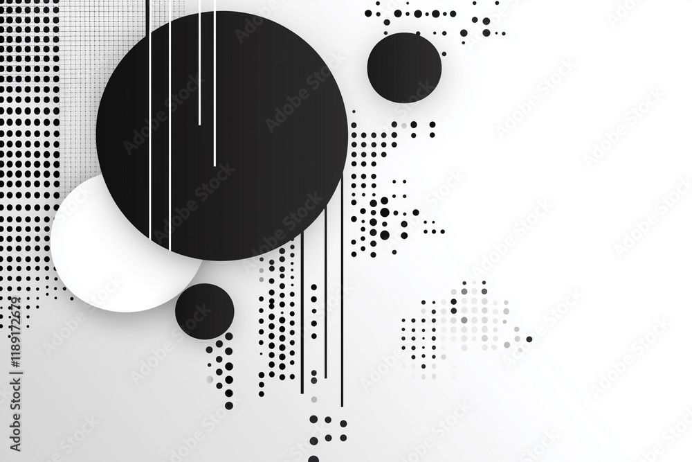 Poster black and white abstract design with white circles and black lines. the circles are of different siz