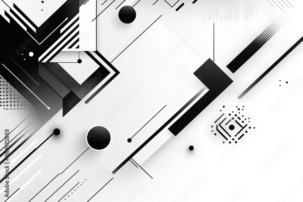 Poster black and white abstract design with a white background. the design is made up of squares and triang