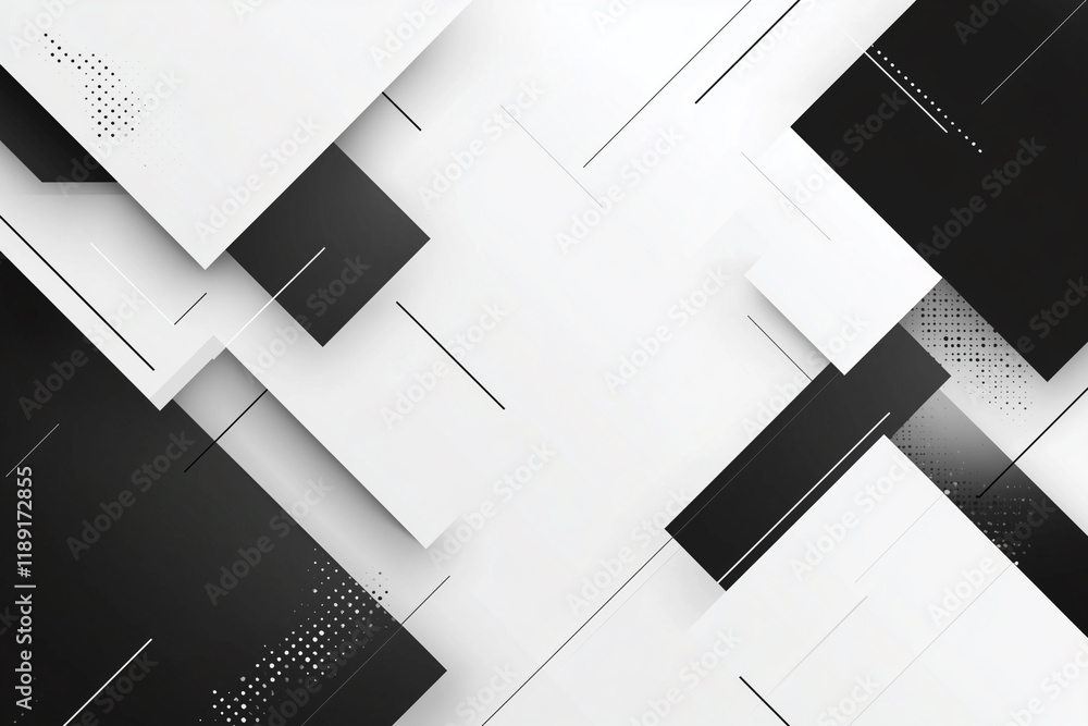 Poster black and white abstract image with white squares and lines. the image has a modern and minimalist f