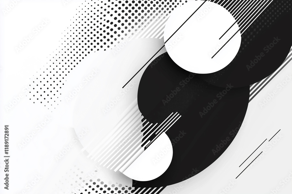 Poster black and white abstract design with white circles and black lines. the design is very simple and mi