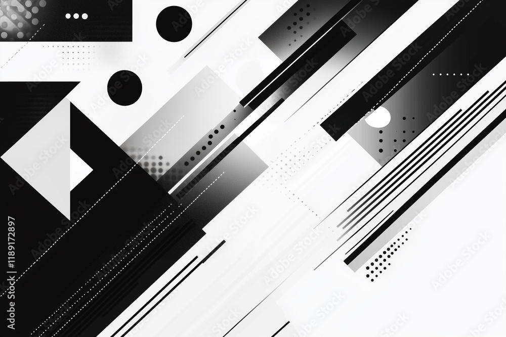 Poster black and white abstract image with a lot of dots and lines. the image is a collage of various shape