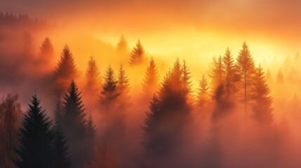 Obraz premium Enigmatic tree silhouettes in foggy forest at dawn capturing mystical atmosphere