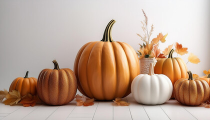 happy thanksgiving in modern minimalism style for holiday background with pumpkins on white backdrop