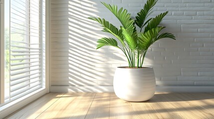 Fototapeta premium A potted palm plant sits near a window in a bright room