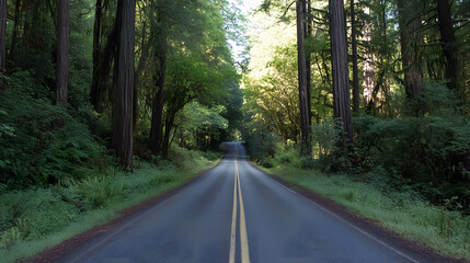 Obraz premium A scenic road winds through the majestic Redwood National Forest.