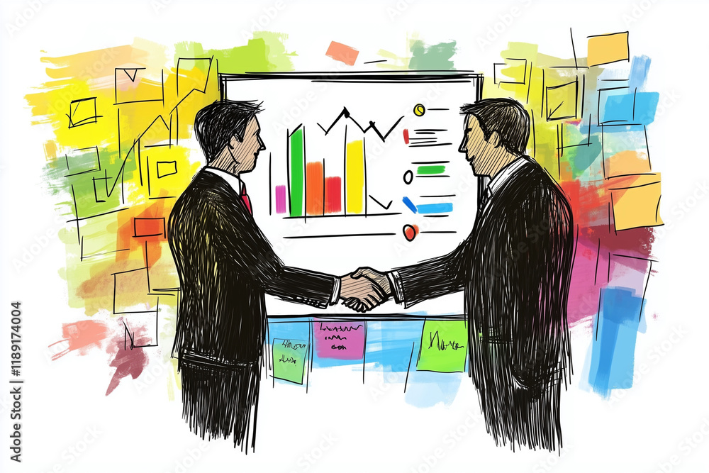 Poster two men shaking hands in front of a board with graphs and numbers. scene is professional and serious