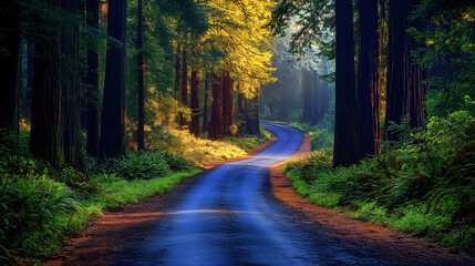 Fototapeta premium A scenic road winds through the majestic Redwood National Forest.