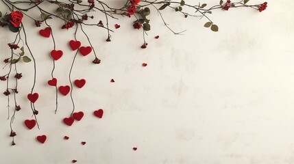 Romantic Valentine&rsquo;s Day Backdrop with Hanging Red Hearts and Roses