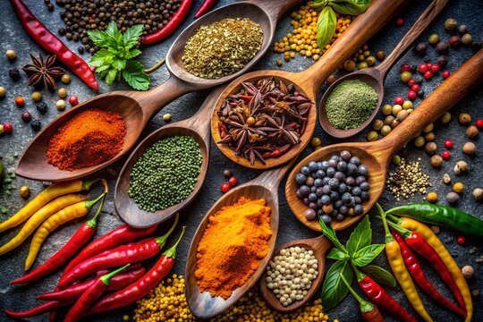 Vibrant array of spices and herbs in wooden scoops on a rustic dark background.
