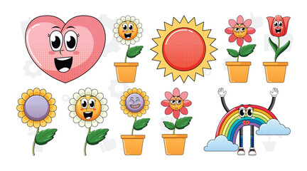 Set of facial expression with vintage style food cartoon on white background illustration. flowers, love, sun vector
