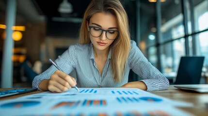 Focused woman programmer analyzing data in modern office environment for business insights and technology development